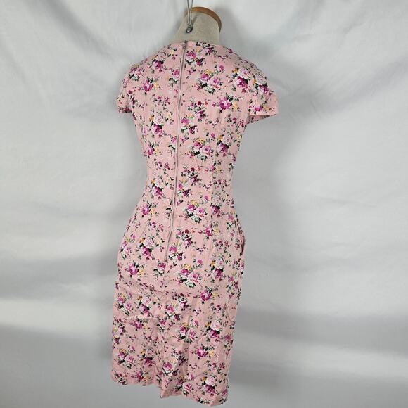 Rummies Dress Women's 6 Pink Floral Mini Short Cap Sleeve Tie Round Neck Zipper - Picture 15 of 16